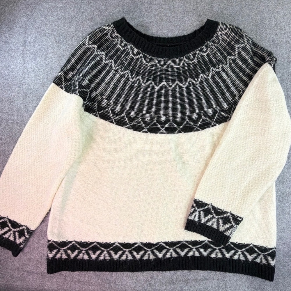 Fair Isle Yoke Knit Sweater Cream Black Wool Blend Pullover JO5161 06/22 COZY